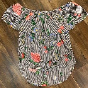 Off Shoulder Striped Floral Knot Top